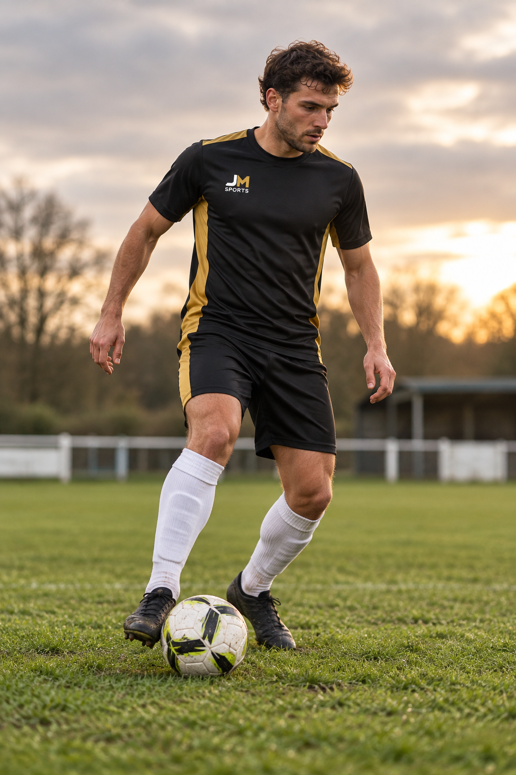 Footballer in a black and gold JM Sports concept kit on a grassroots pitch