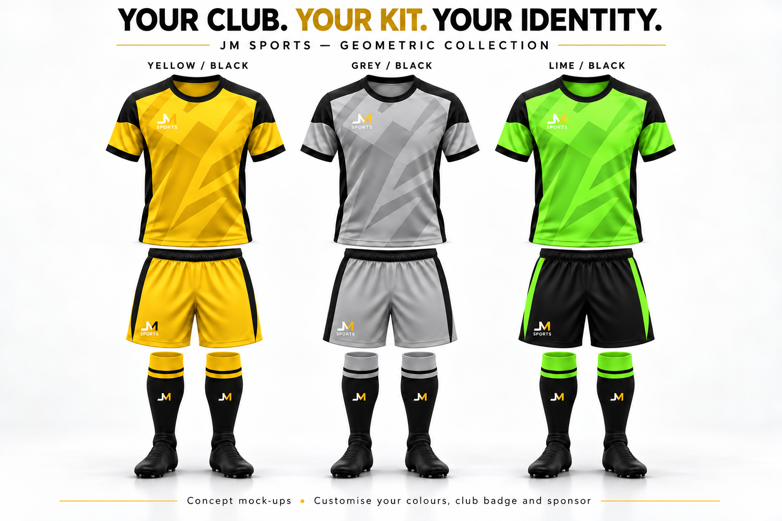 Yellow and black geometric shirt, yellow shorts with black accents, and black socks with yellow tops
